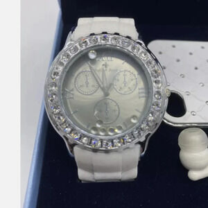 Gracie Lynn Watch White Buckle Band Round Face Silver Toned Rhinestones